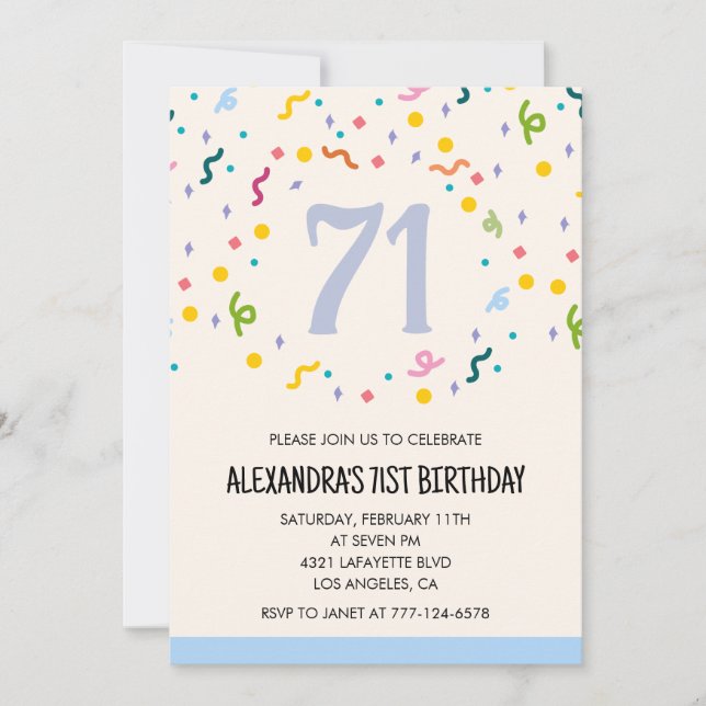 Convites de aniversário de 71 anos Confetes Simple (Frente)