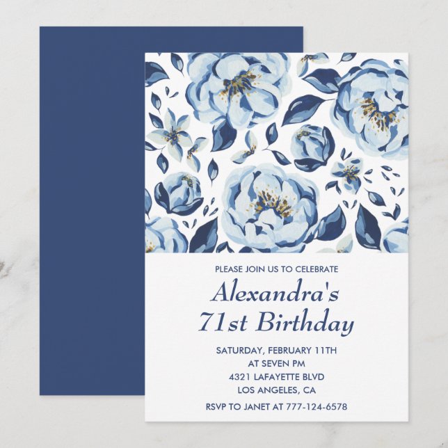 Convites de aniversário de 71 anos elegantes Flora (Frente/Verso)