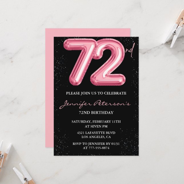 Convites de aniversário de 72 anos Black Pink Balã (Frente/Verso In Situ)