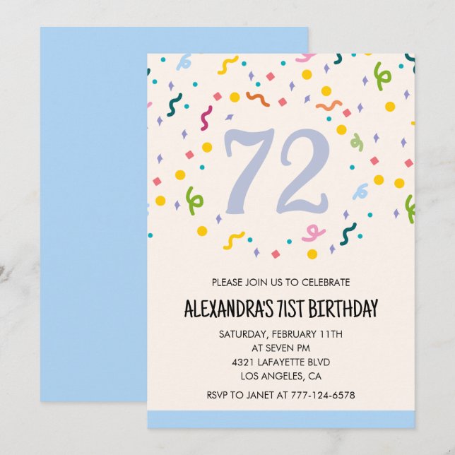 Convites de aniversário de 72 anos com Confetes Si (Frente/Verso)