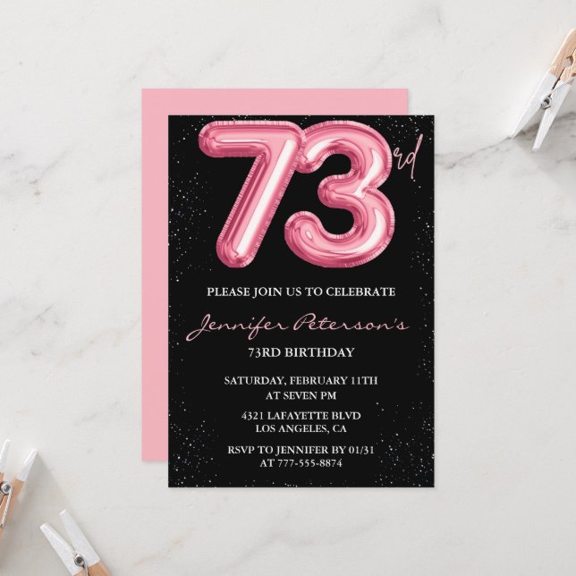 Convites de aniversário de 73 anos Black Pink Balã (Frente/Verso In Situ)