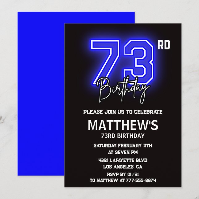 Convites de aniversário de 73 anos Neon Preto Home (Frente/Verso)