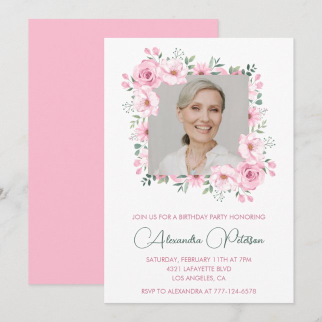 Convites de aniversário de 74 anos com foto floral (Frente/Verso)