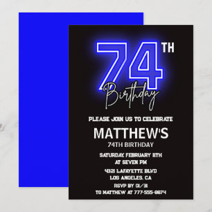 Convites de aniversário de 74 anos Neon Preto Home