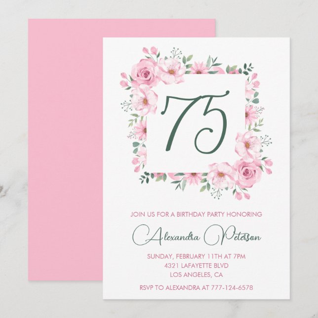 Convites de aniversário de 75 anos elegantes Flora (Frente/Verso)