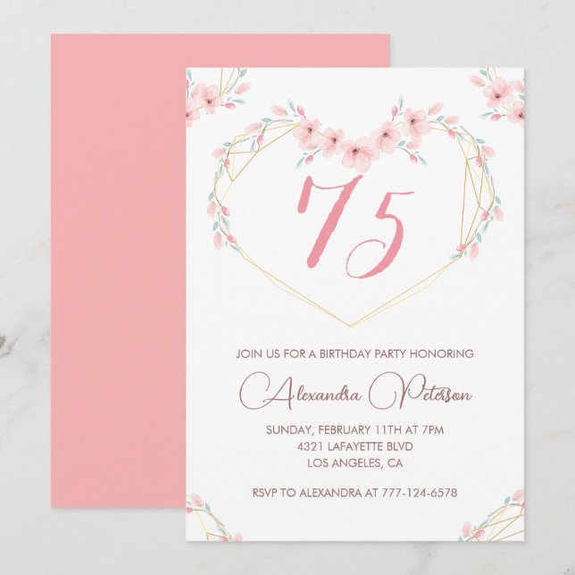 Convites de aniversário de 75 anos Elegantes Flora (Frente/Verso)