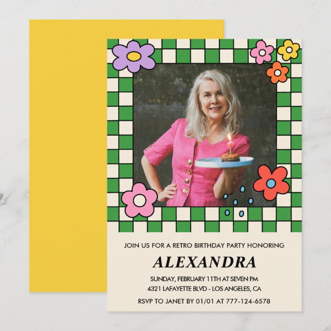 convites de aniversário de 75 anos Flores Retro Gr (Frente/Verso)