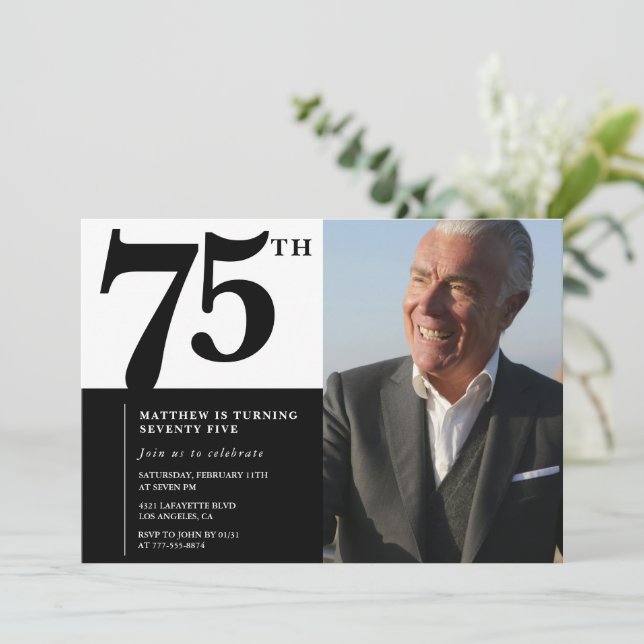 Convites de aniversário de 75 anos preto Elegante  (Em pé/Frente)