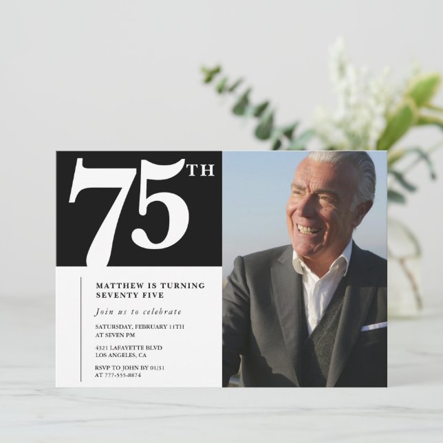 Convites de aniversário de 75 anos preto Moderno C (Em pé/Frente)