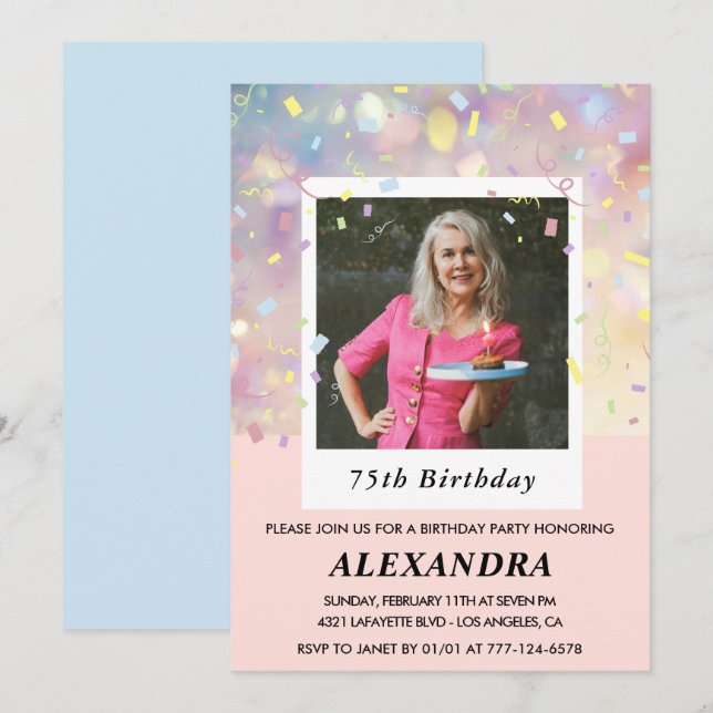 Convites de aniversário de 75 anos rosa Confete Fo (Frente/Verso)