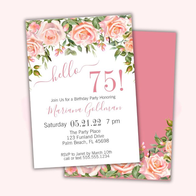 Convites de Aniversário de 75 anos Rosa Floral Mod (Criador carregado)