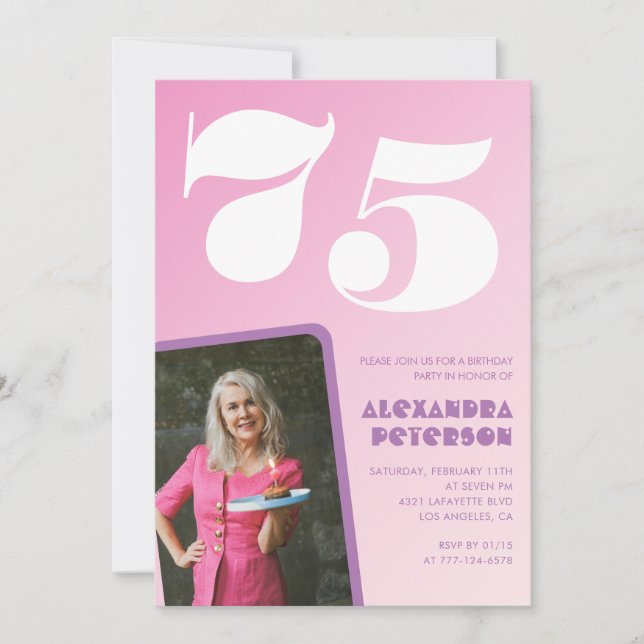Convites de aniversário de 75 anos rosa Foto retrô (Frente)