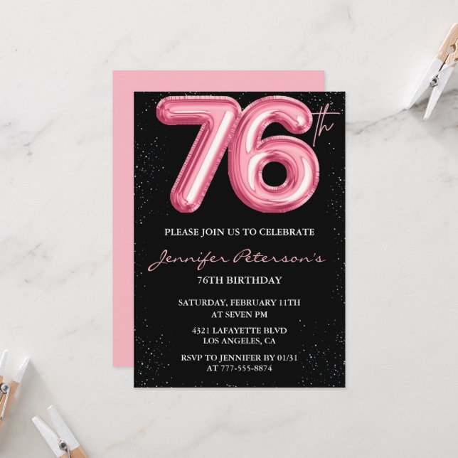 Convites de aniversário de 76 anos Black Pink Balã (Frente/Verso In Situ)