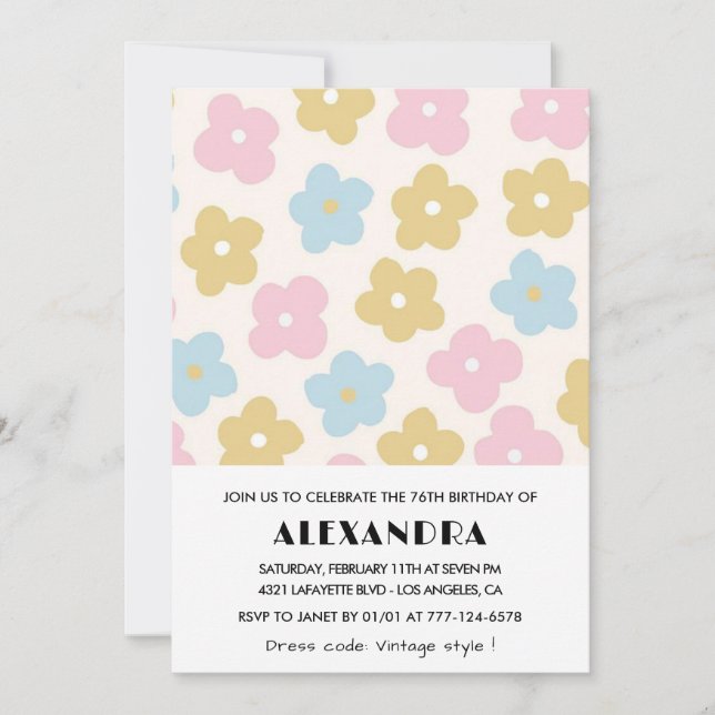 Convites de aniversário de 76 anos Retro Floral (Frente)