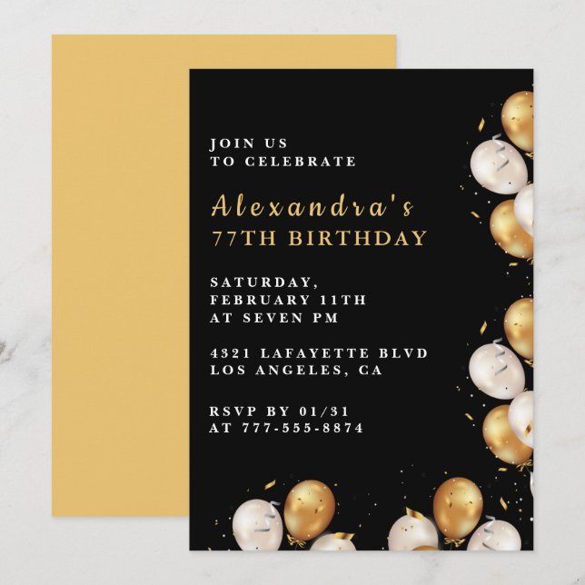 Convites de aniversário de 77 anos Black Gold  Bal (Frente/Verso)