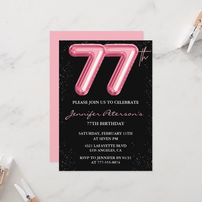 Convites de aniversário de 77 anos Black Pink Balã (Frente/Verso In Situ)