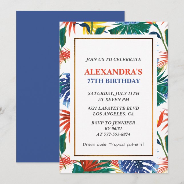 Convites de aniversário de 77 anos elegantes Flora (Frente/Verso)