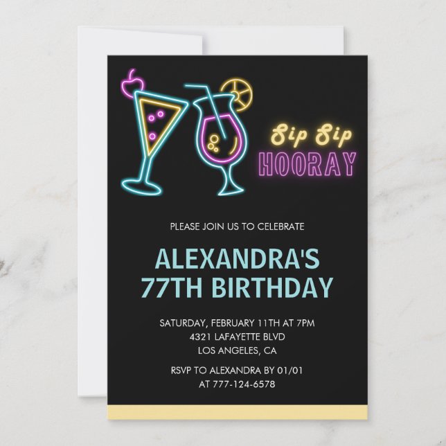 Convites de aniversário de 77 anos Preto Cocktail  (Frente)