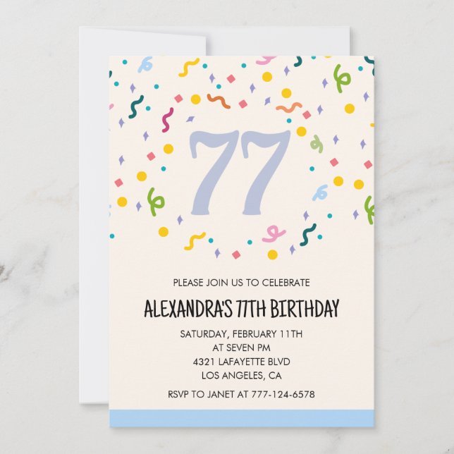 Convites de aniversário de 77 anos simples Confete (Frente)
