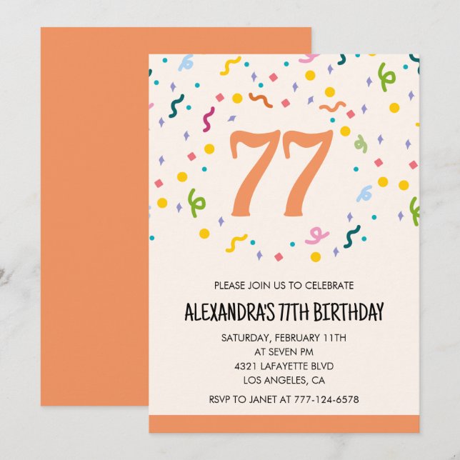 Convites de aniversário de 77 anos simples Confett (Frente/Verso)
