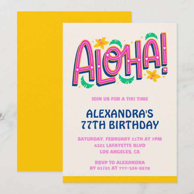 convites de aniversário de 77 anos Tropical Aloha  (Frente/Verso)