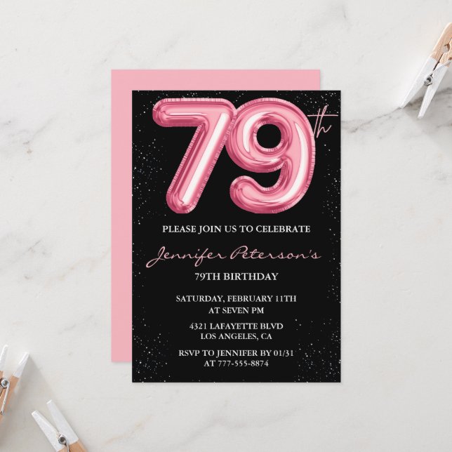 Convites de aniversário de 79 anos Black Pink Balã (Frente/Verso In Situ)