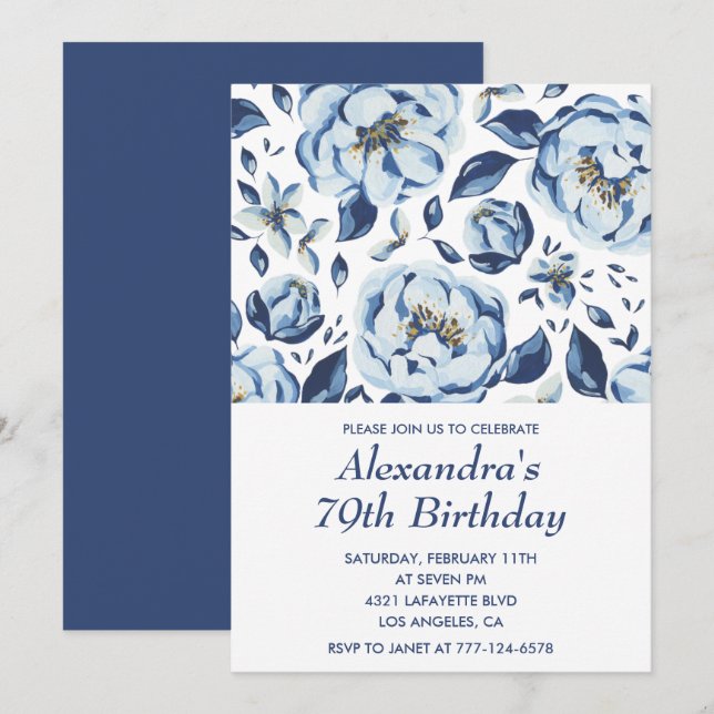 Convites de aniversário de 79 anos Elegantes Flora (Frente/Verso)