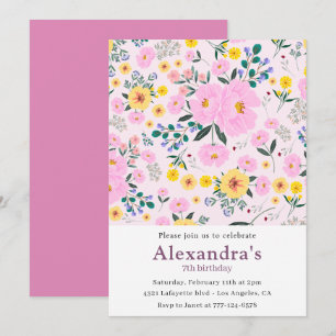 convites de aniversário de 7 anos Boho Floral Rosa