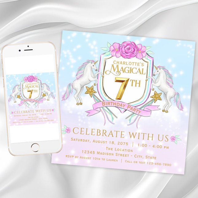 Convites de Aniversário de 7 anos de Meninas Unicó (Pretty unicorn 7th birthday party invitation. Download and printed invitations available.)