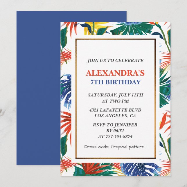 Convites de aniversário de 7 anos Elegantes Festa  (Frente/Verso)