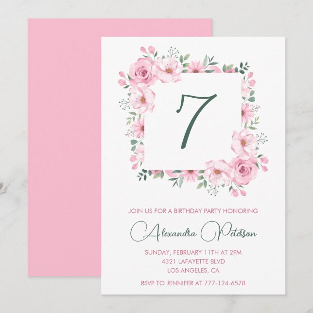 Convites de aniversário de 7 anos Elegantes Florai (Frente/Verso)