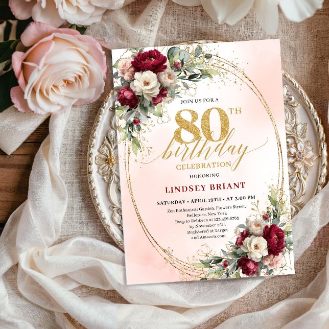 Convites de Aniversário de 80 anos Burgundy Blush  (Burgundy Blush Boho Garden 80th Birthday Invitation)