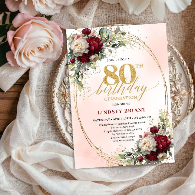 Convites de Aniversário de 80 anos Florais Rosa Bu (Chic Burgundy Blush Floral 80th Birthday Invitation)