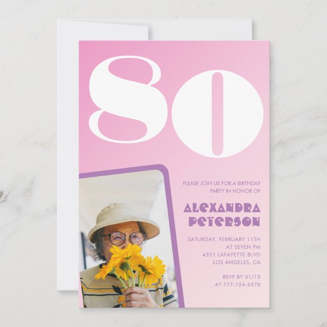 Convites de aniversário de 80 anos rosa Foto retrô (Frente)