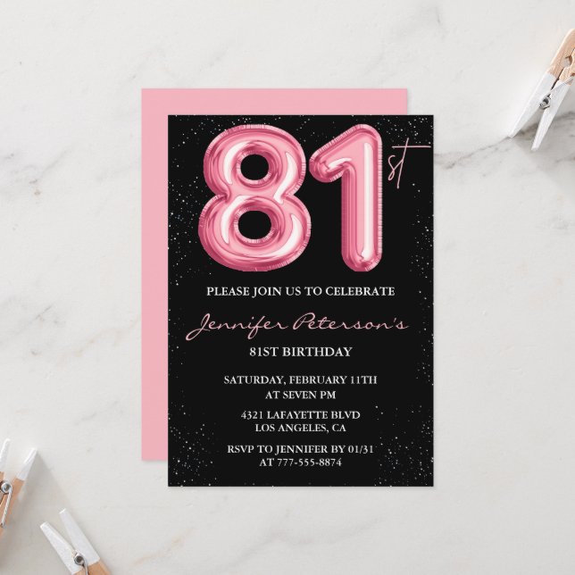 convites de aniversário de 81 anos Black Pink Balã (Frente/Verso In Situ)