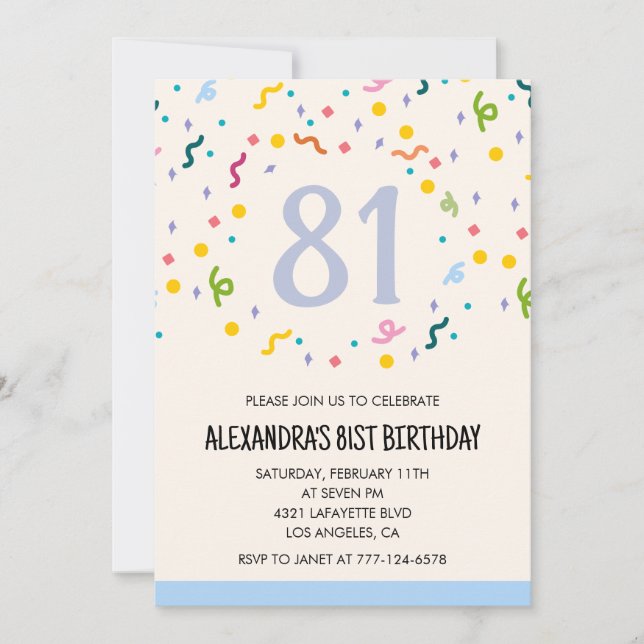 Convites de aniversário de 81 anos simples Confete (Frente)
