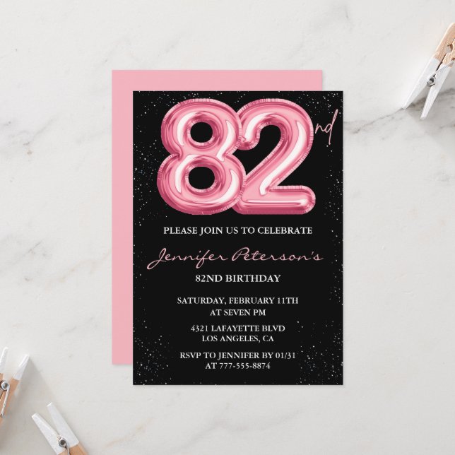 Convites de aniversário de 82 anos Black Pink Balã (Frente/Verso In Situ)