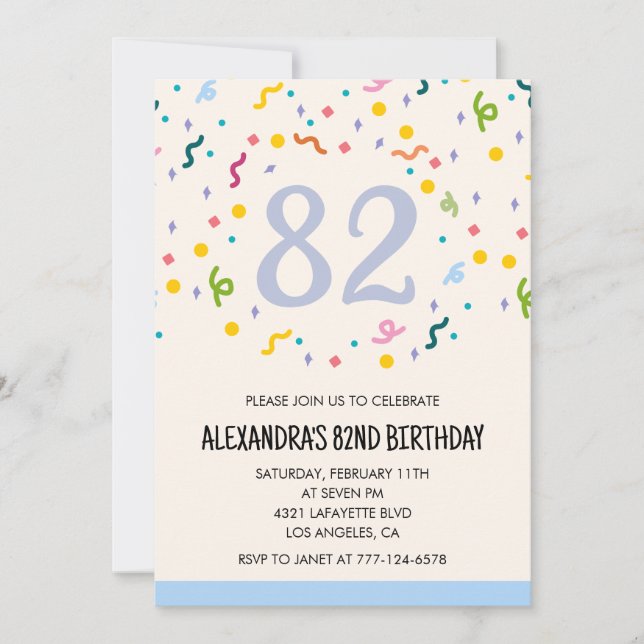 Convites de aniversário de 82 anos simples Confett (Frente)