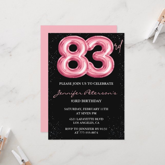 Convites de aniversário de 83 anos Black Pink Balã (Frente/Verso In Situ)