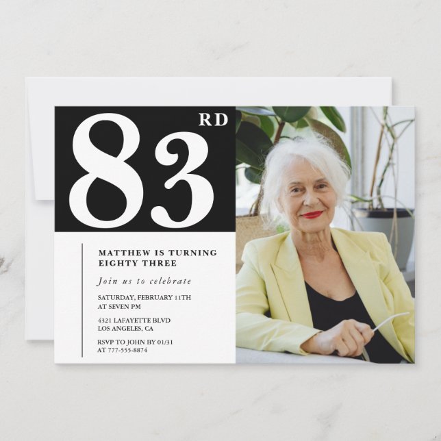 Convites de aniversário de 83 anos Preto e Branco  (Frente)