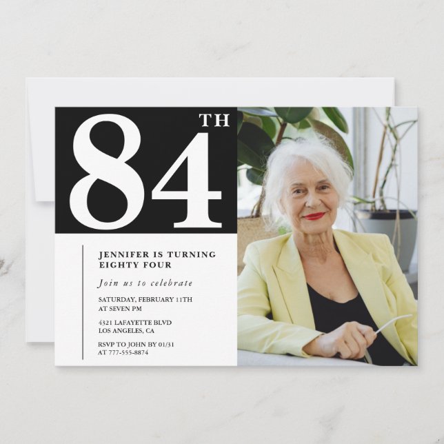 Convites de aniversário de 84 anos em preto e bran (Frente)