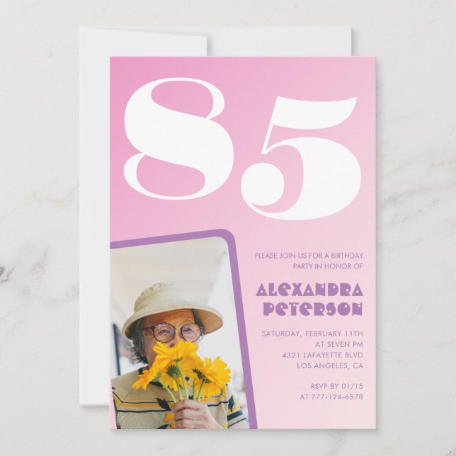 Convites de aniversário de 85 anos cor-de-rosa Fot (Frente)