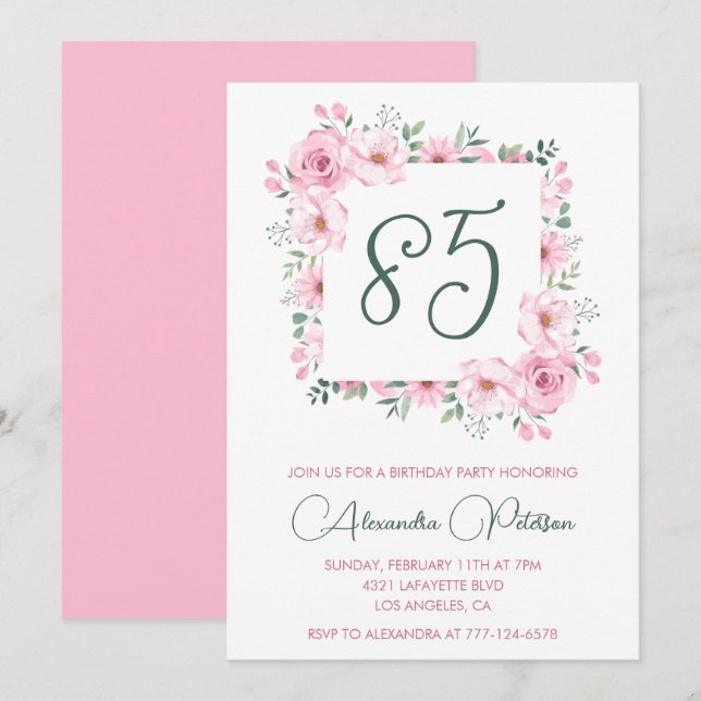 Convites de aniversário de 85 anos elegantes Flora (Frente/Verso)