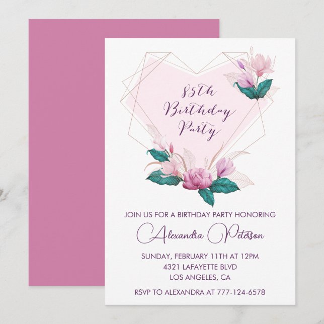 Convites de aniversário de 85 anos elegantes Flora (Frente/Verso)