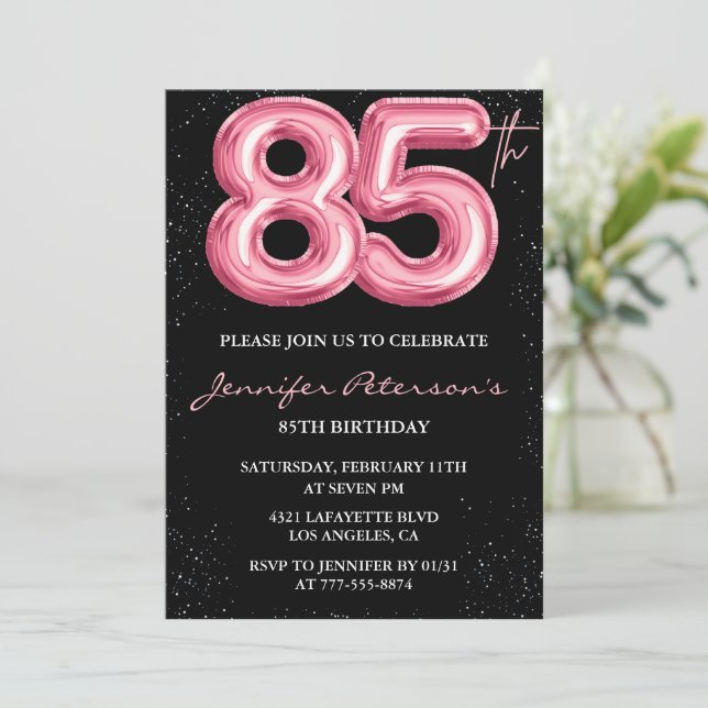 Convites de aniversário de 85 anos preto Balão Gla (Em pé/Frente)