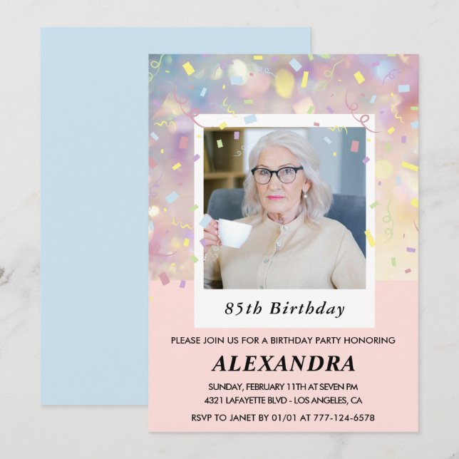 Convites de aniversário de 85 anos rosa Confete Fo (Frente/Verso)