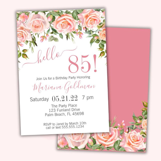 Convites de Aniversário de 85 anos Rosa Floral Mod (Criador carregado)
