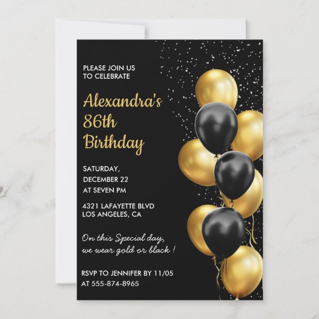 Convites de aniversário de 86 anos Black Gold Bril (Frente)