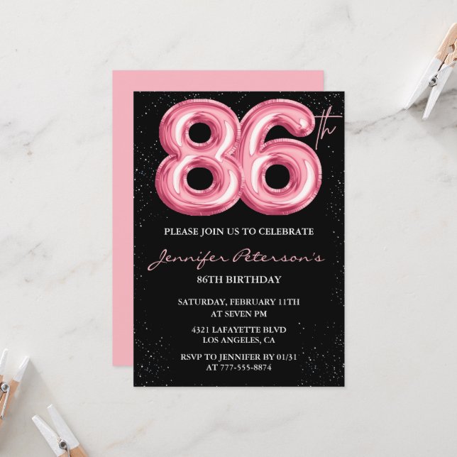 Convites de aniversário de 86 anos Black Pink Balã (Frente/Verso In Situ)