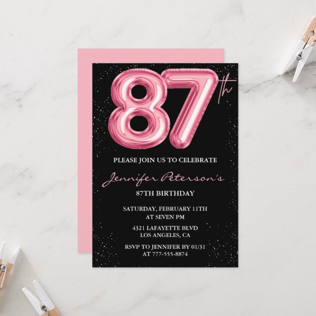 Convites de aniversário de 87 anos Black Pink Balã (Frente/Verso In Situ)